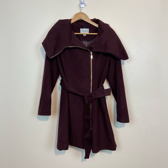 Cole Haan Signature Asymmetrical Wool Blend Wrap Coat – Burgundy Wine, Size 8 - Picture 2 of 10
